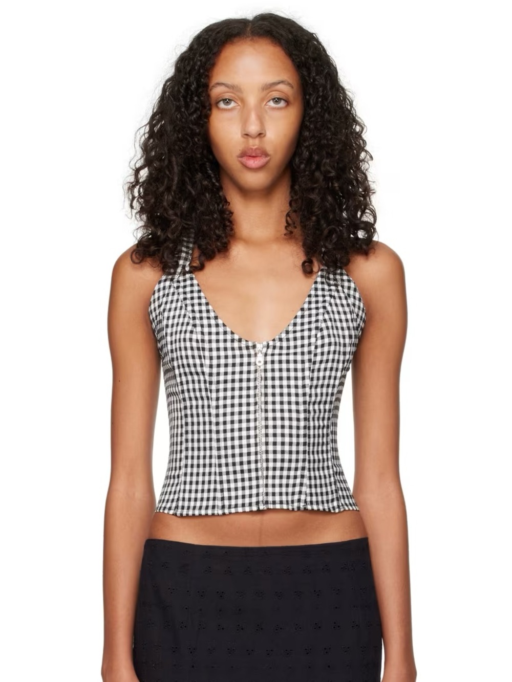 Miaou Vallois Corset Top in Classic Black and White Gingham with Zipper Detail